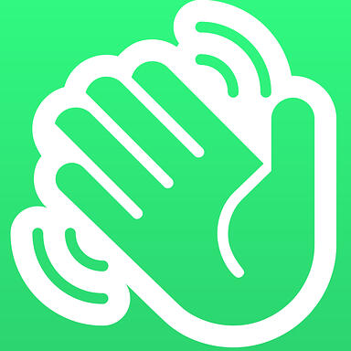 A friendly hand waving in front of a circular, green background.